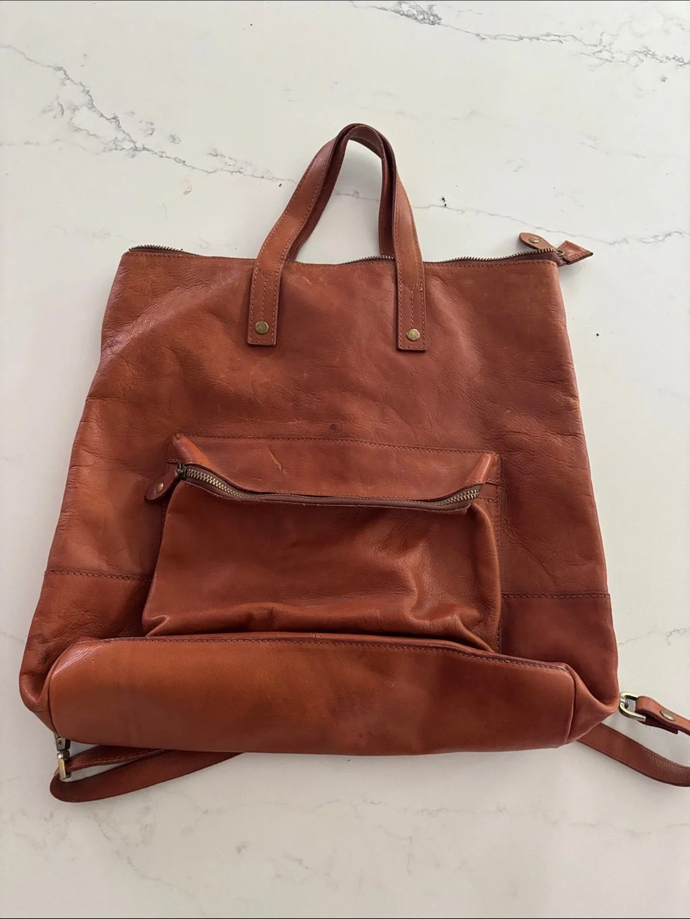 Leather Convertible Tote Backpack - Rust Brown
